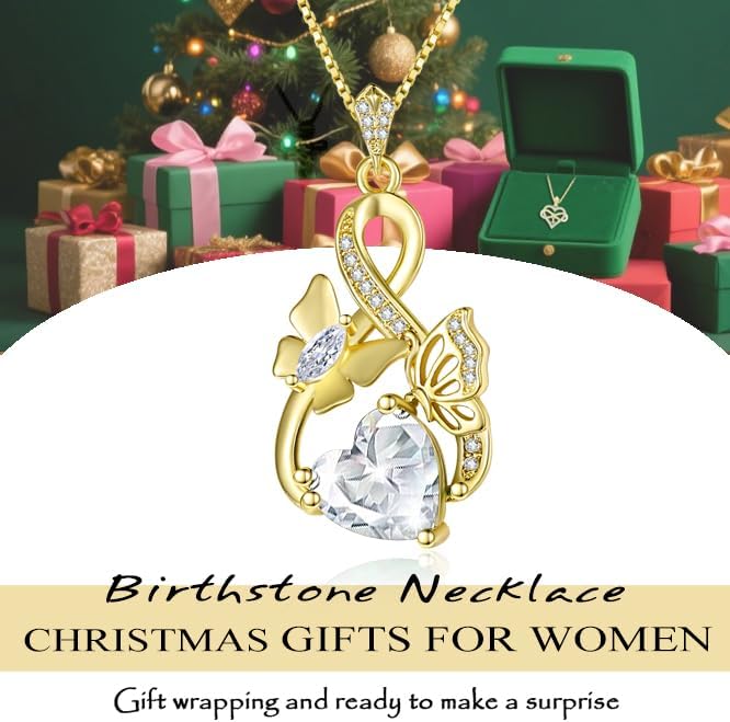 Gold Jewelry for Women Wife Infinity Necklace 18K White Gold Plated Dainty Butterfly Pendant with Heart Birthstone - Anniversary Necklaces for Women Birthday Gift Ideas Present for Girlfriend Mom Daughter