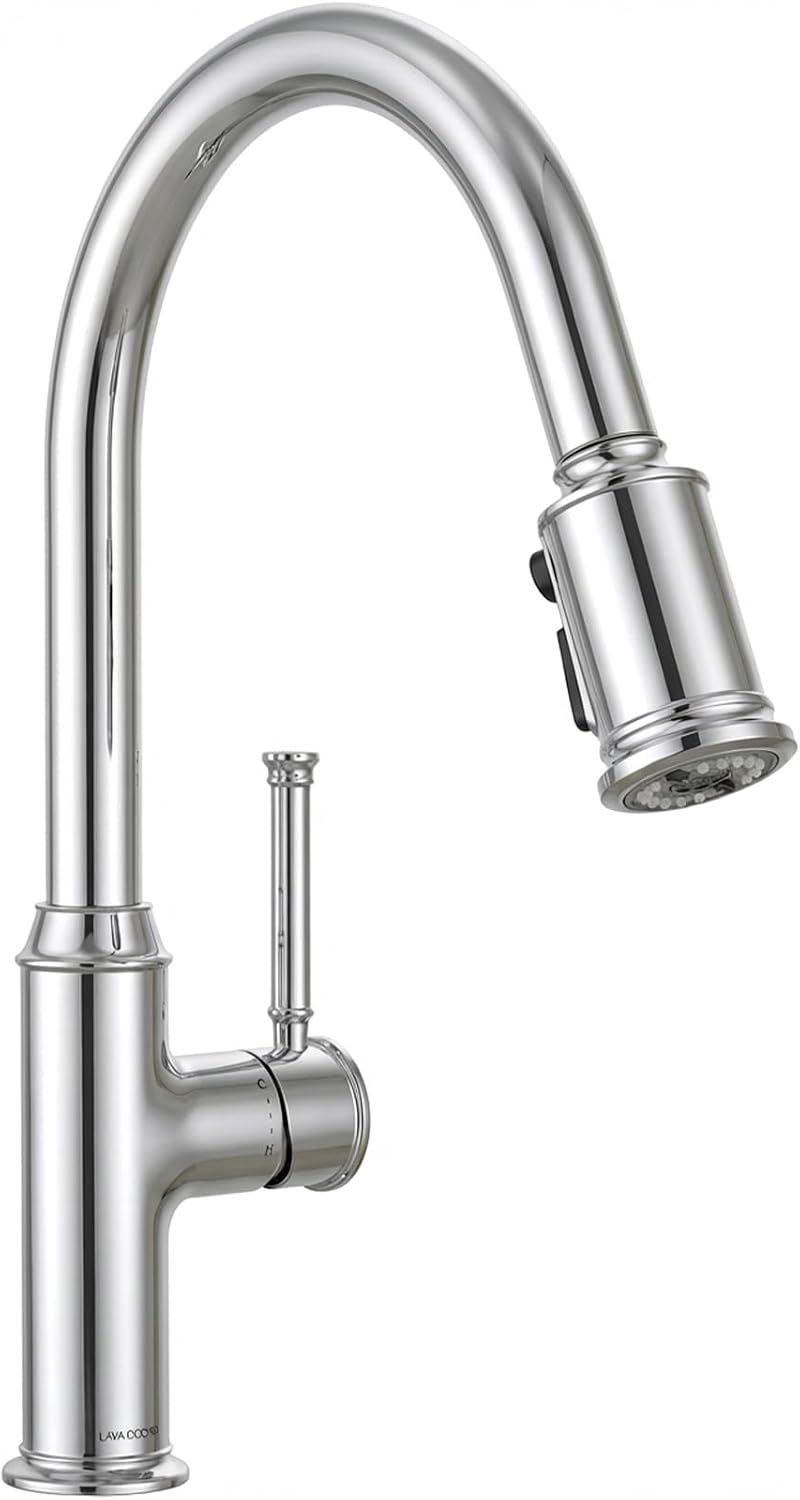 Lava Odoro Chrome Kitchen Faucet with Pull Down Sprayer, Single Hole Kitchen Sink Faucet, Single Handle Kitchen Faucet with 2-Function Sprayer, Deck Plate Included, 1.8 GPM, KF421-C