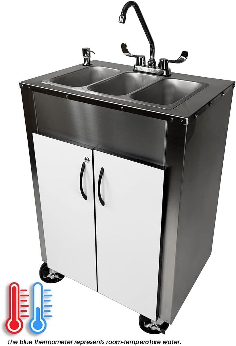 Pinnacle Portable Sink Hand Wash Station– (3-Basin) Stainless Steel Portable Sink with Hot Water–Portable Handwashing Station for Health & Beauty, Medical Facilities, Daycare, Pop-Up & Food Service