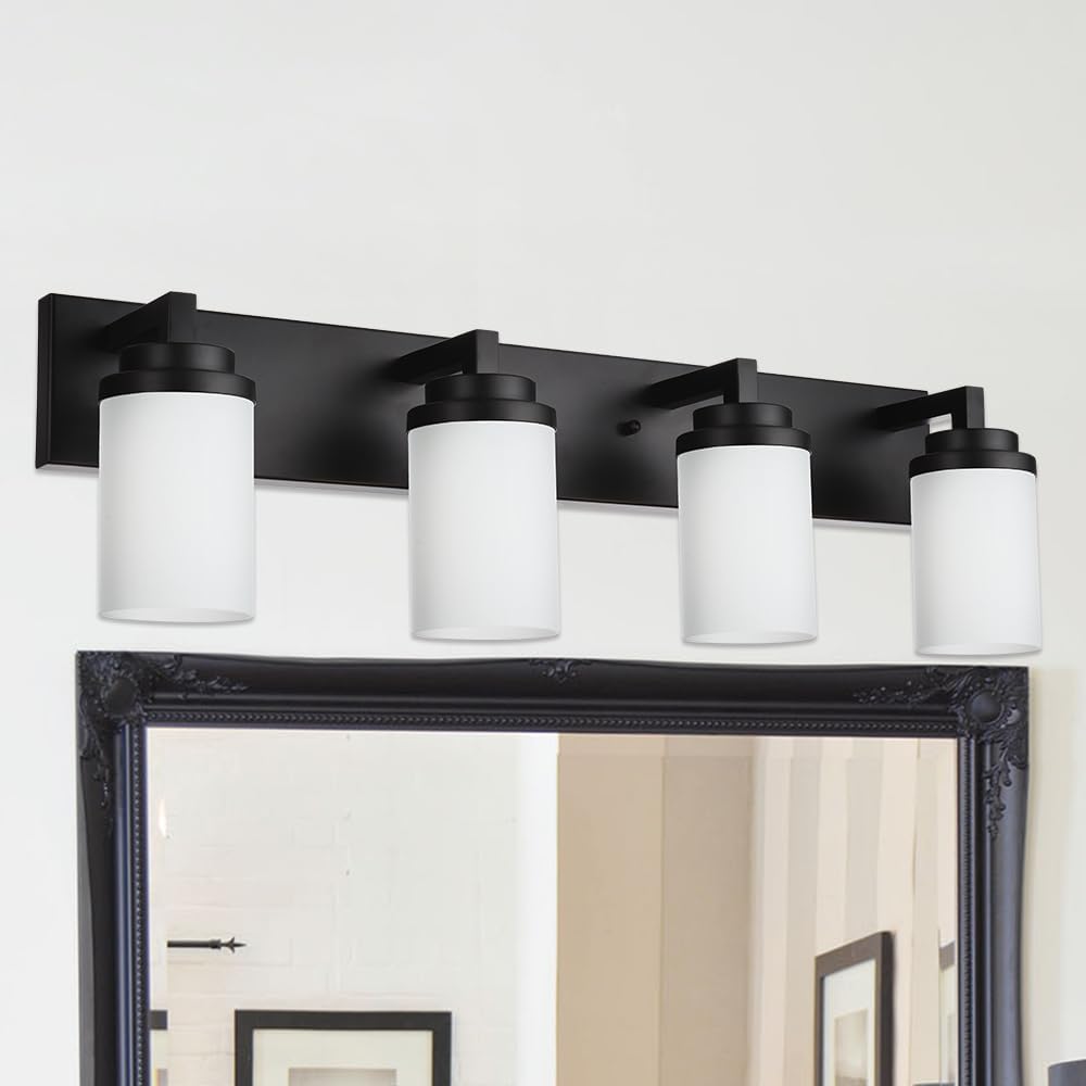 TODOLUZ 4-Lights Bathroom Light Fixtures in Matte Black, Modern Opal White Glass Vanity Light E26 Bulb Base, Wall Mount Lighting for Bedroom Bath Living Room