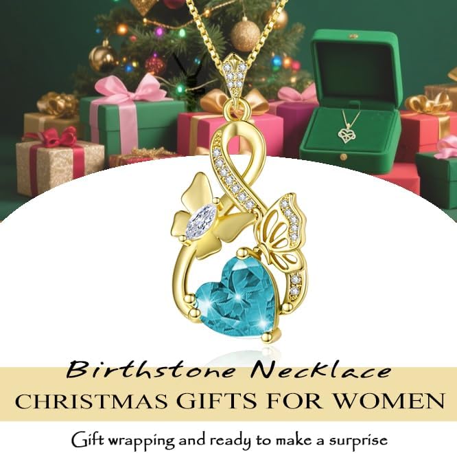 Gold Jewelry for Women Wife Infinity Necklace 18K White Gold Plated Dainty Butterfly Pendant with Heart Birthstone - Anniversary Necklaces for Women Birthday Gift Ideas Present for Girlfriend Mom Daughter