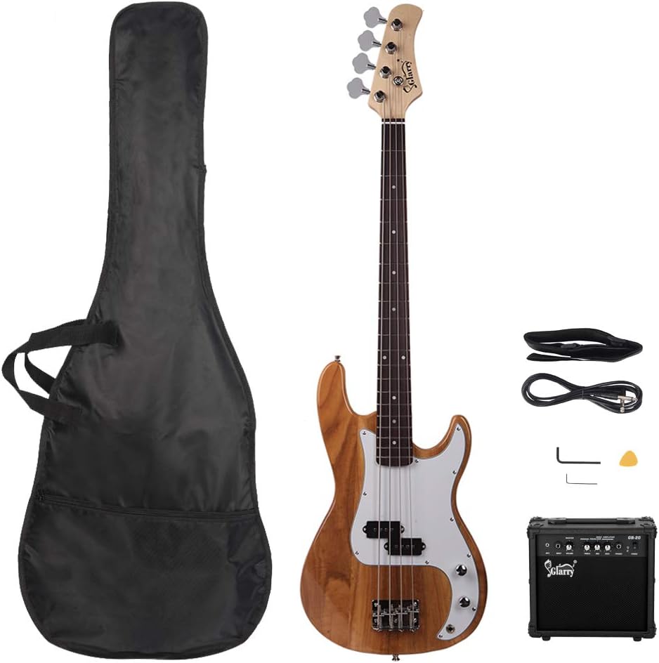 4 String Electric Bass Guitar, Full Size Standard Right Handed Beginner Kit with 20W AMP, Gig Bag, Strap, Spanner Tool (Wood Color)