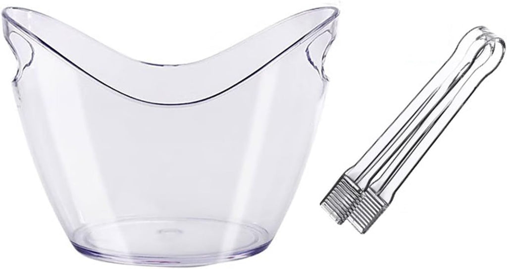 Keep Ice Frozen Longer 8 Liter Acrylic Ice Bucket with Tongs, Plastic Tub Oval Storage Buckets for 2 Wine or Champagne Bottles for parties(Clear)