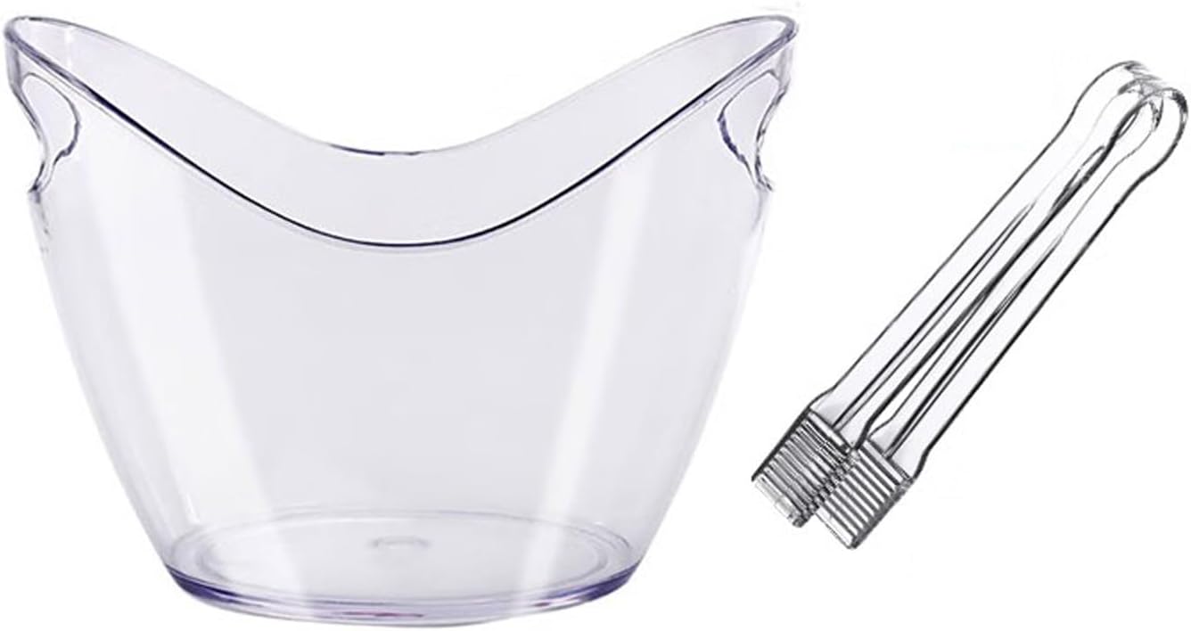 Keep Ice Frozen Longer 8 Liter Acrylic Ice Bucket with Tongs, Plastic Tub Oval Storage Buckets for 2 Wine or Champagne Bottles for parties(Clear)