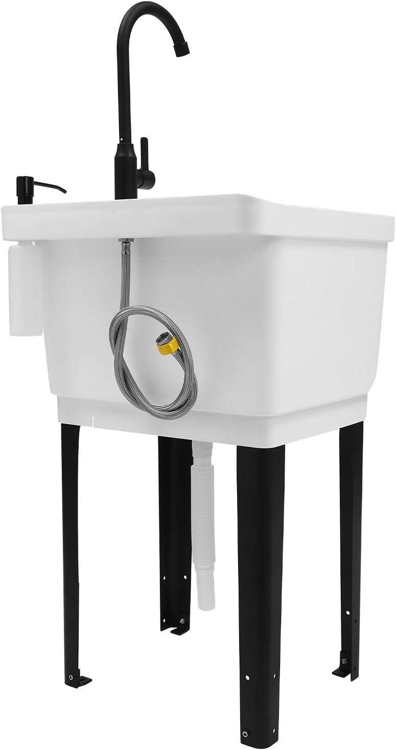Freestanding Space Saver Utility Sink 19.68 * 19 * 33.07in kitchen Sink with Washboard Utility Sink with Cold and Hot Water Faucet, Hoses and Soap Dispenser for Laundry Room, Garage, Basement (White)