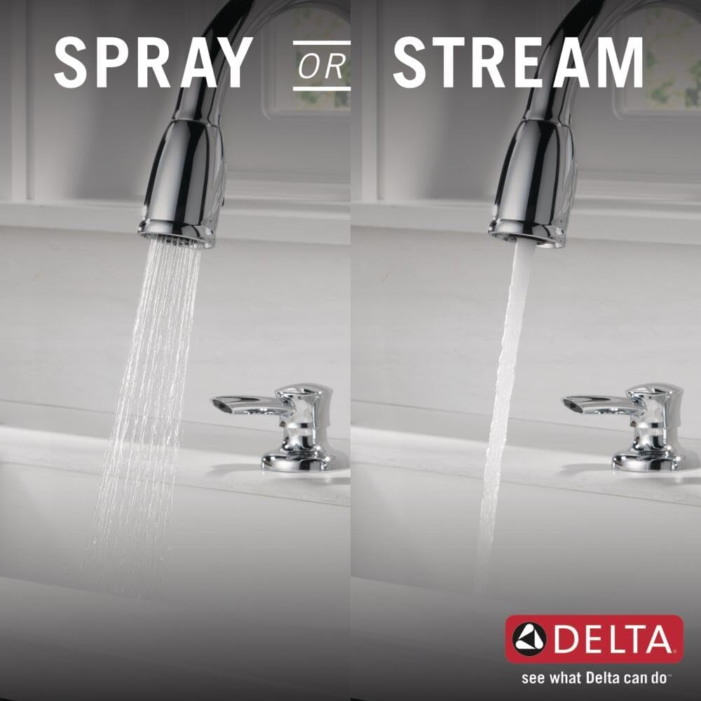 Delta Kate Chrome Kitchen Faucet with Pull Down Sprayer and Soap Disperser, Modern Two Hole Kitchen Sink Faucet, Single Handle, Chrome 16970-SD-DST