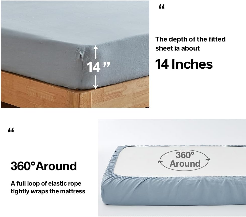 Simple&Opulence 100% French Linen Sheet Set Breathable Durable for Hot Sleepers Bedding 4 Pcs-1 Flat Sheet,1 Fitted Sheet,2 Pillowcases with Hemstitch Lace Embroidery Luxury Design (Dusty Blue, Queen)