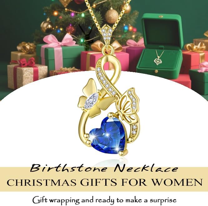 Gold Jewelry for Women Wife Infinity Necklace 18K White Gold Plated Dainty Butterfly Pendant with Heart Birthstone - Anniversary Necklaces for Women Birthday Gift Ideas Present for Girlfriend Mom Daughter