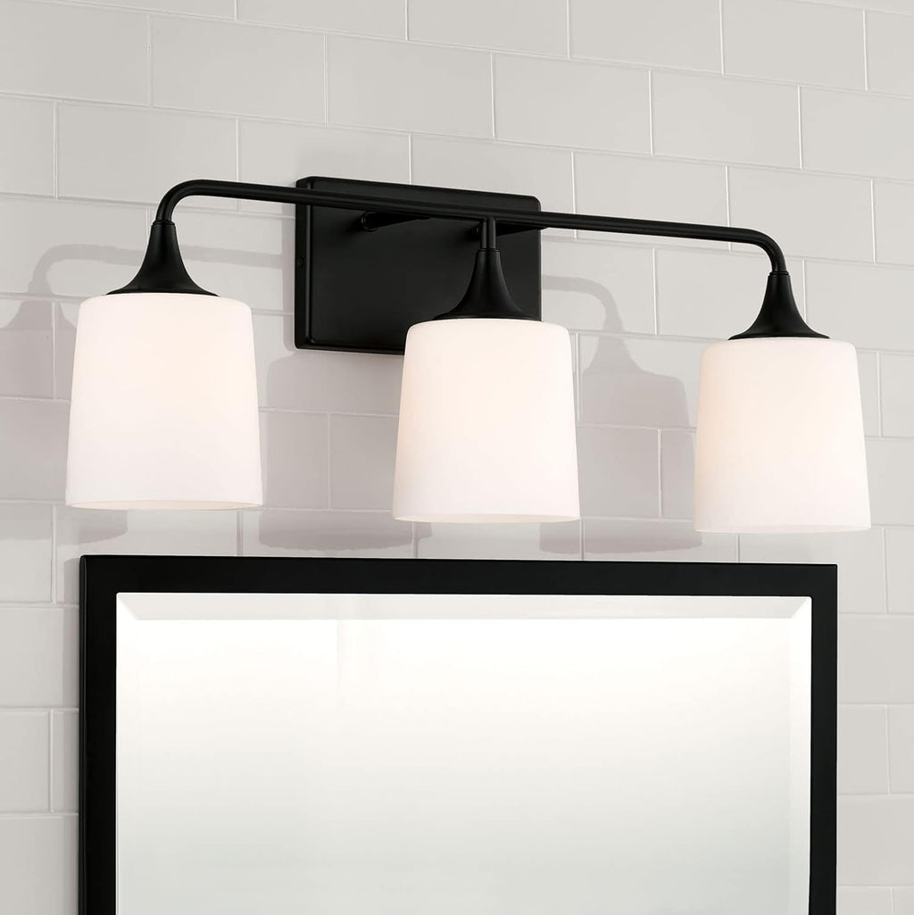 HomePlace Lighting 148931MB-541 Presley Transitional Rustic Soft White Glass Cone Vanity Light for Bathroom, 3-Light 300 Total Watts, 10' H x 26' W, Black
