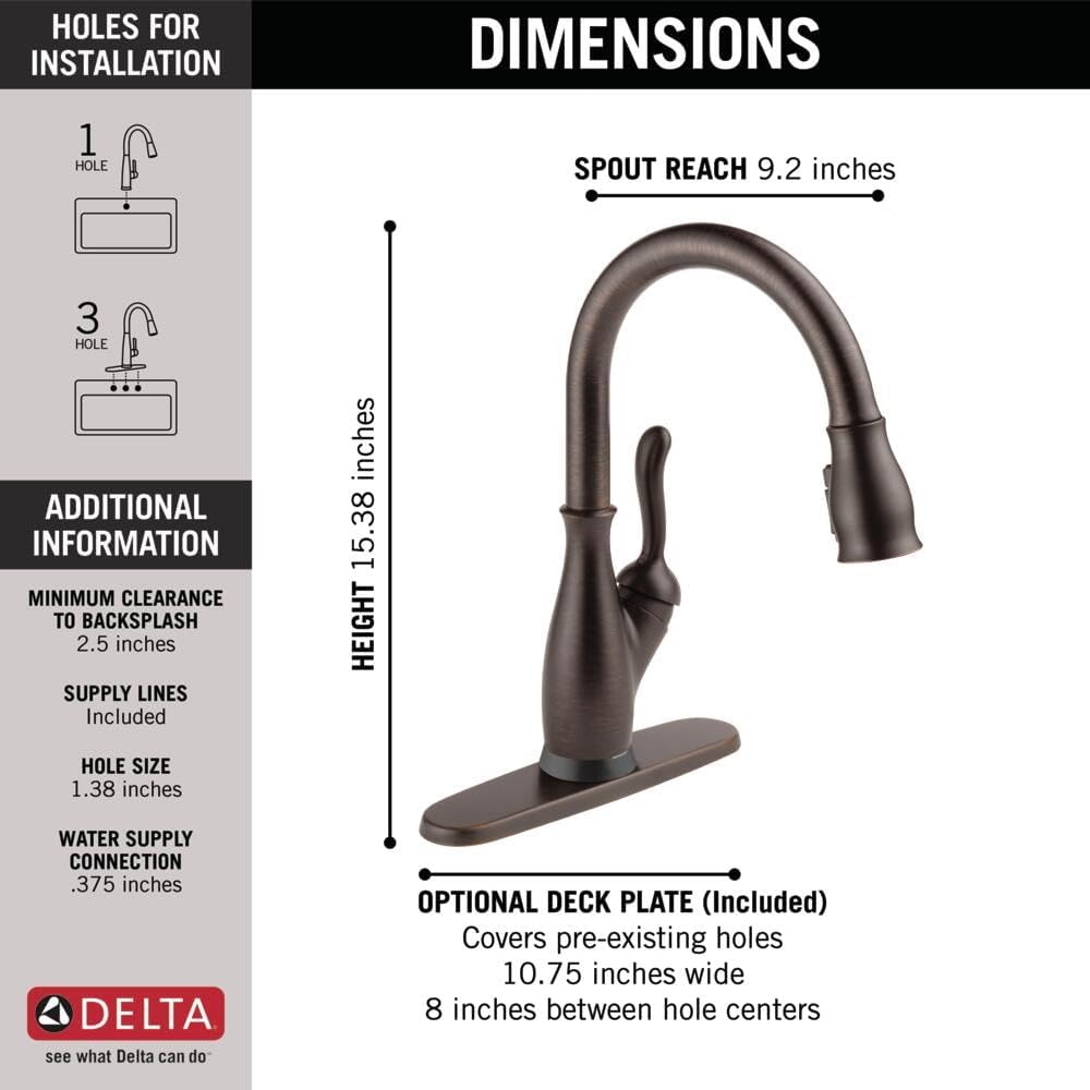 Delta Leland Oil Rubbed Bronze Touch Kitchen Faucet with Pull Down Sprayer, Traditional Single Hole Touch On Kitchen Sink Faucet, Single Handle, Venetian Bronze 9178T-RB-DST