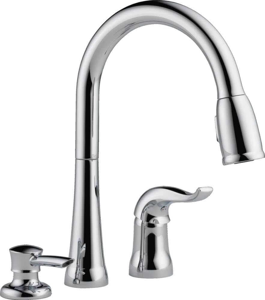 Delta Kate Chrome Kitchen Faucet with Pull Down Sprayer and Soap Disperser, Modern Two Hole Kitchen Sink Faucet, Single Handle, Chrome 16970-SD-DST
