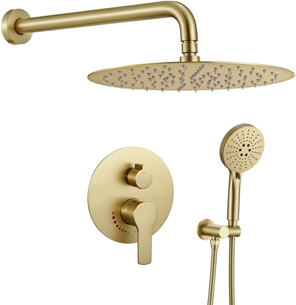 Brushed Gold Shower System 12 Inch Shower Faucet Set for Bathroom, High Pressure Gold Rain Shower Head with Handheld Spray, Rainfall Brushed Gold Shower Fixtures