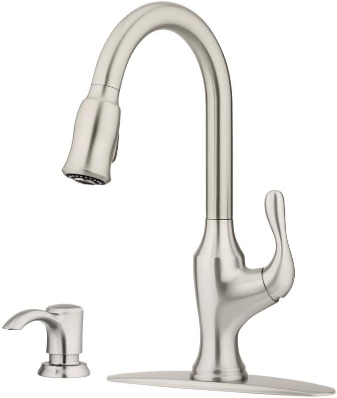 Pfister Deming Kitchen Faucet with Pull Down Sprayer and Soap Dispenser, Single Handle, High Arc, Spot Defense Stainless Steel Finish, F5297DMGS