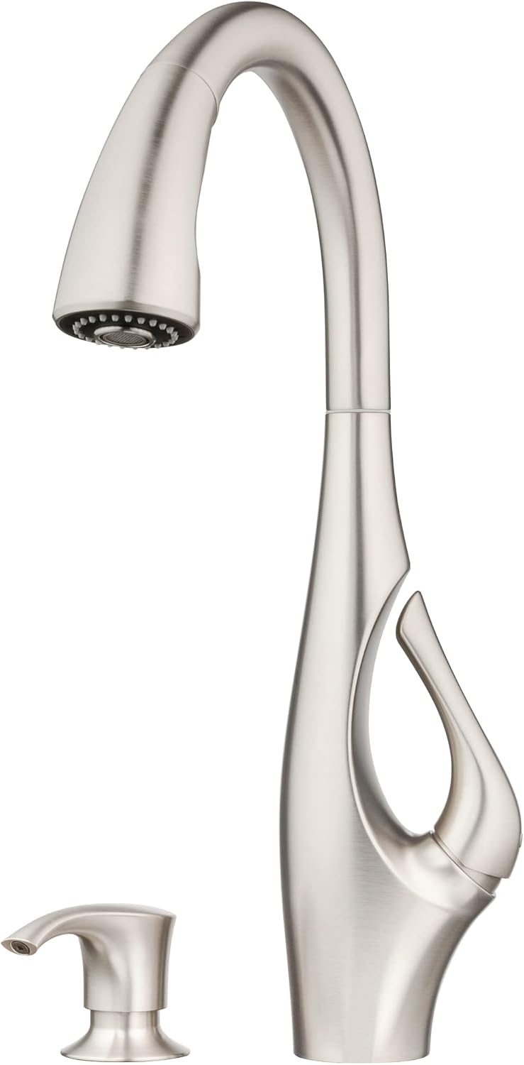 Pfister Indira Kitchen Sink Faucet with Pull Down Sprayer and Soap Dispenser Single Handle High Arc Spot Defense Stainless Steel Water-Efficient AccuDock F5297NDGS