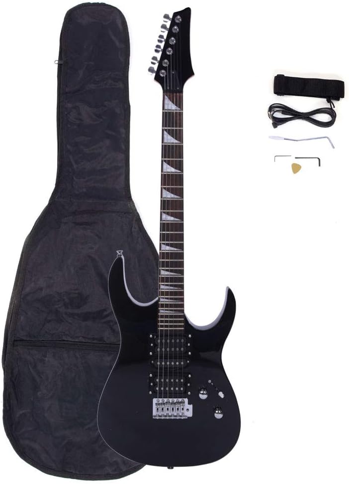 Full Size Electric Guitar Kit,38 Inch Beginner Electric Guitar,Complete Electric Guitars Set with Bag, Shoulder Strap, Amp Wire, Wrench Tool,Tremolo Arm and Picks,Black