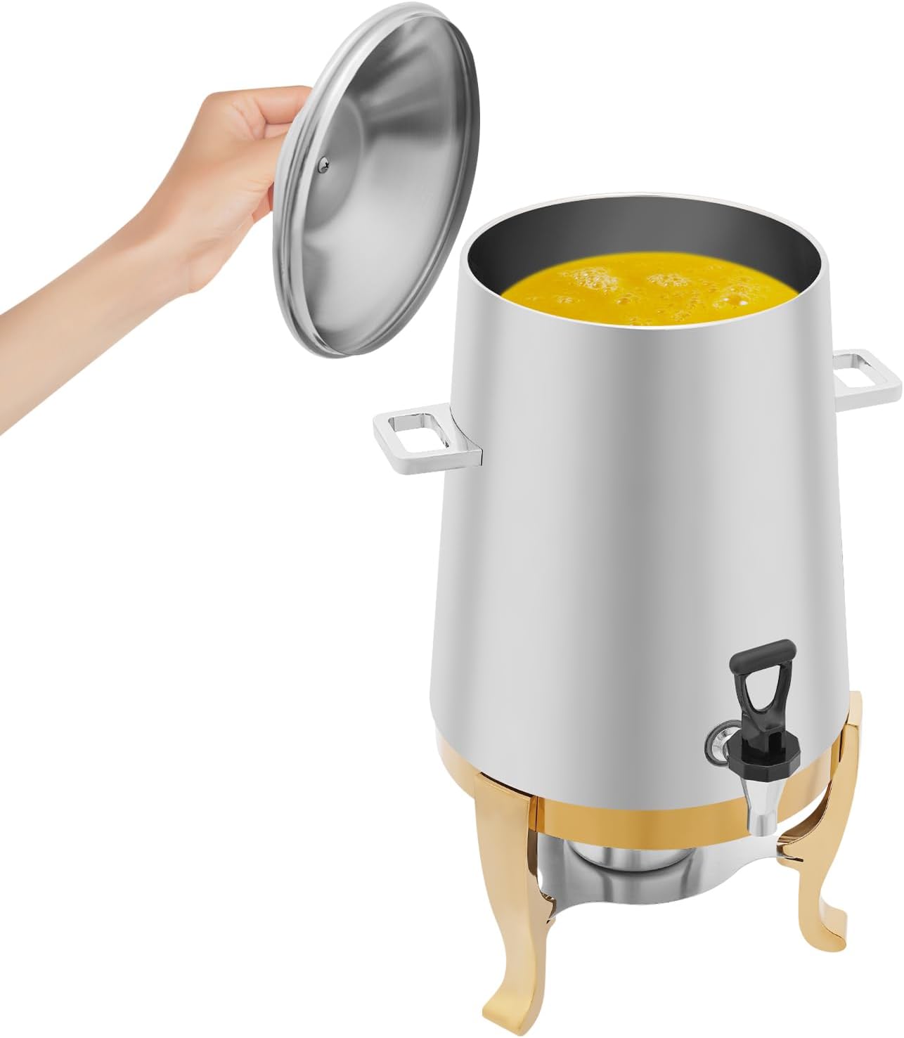 Stainless Steel Beverage Dispensers, Drink Dispenser with Fuel Holder & Base & Stainless Steel Faucet 3.4Gal Hot Beverage Dispenser, Commercial Coffee Urn for Hotels, Canteens（Gold Shelf）