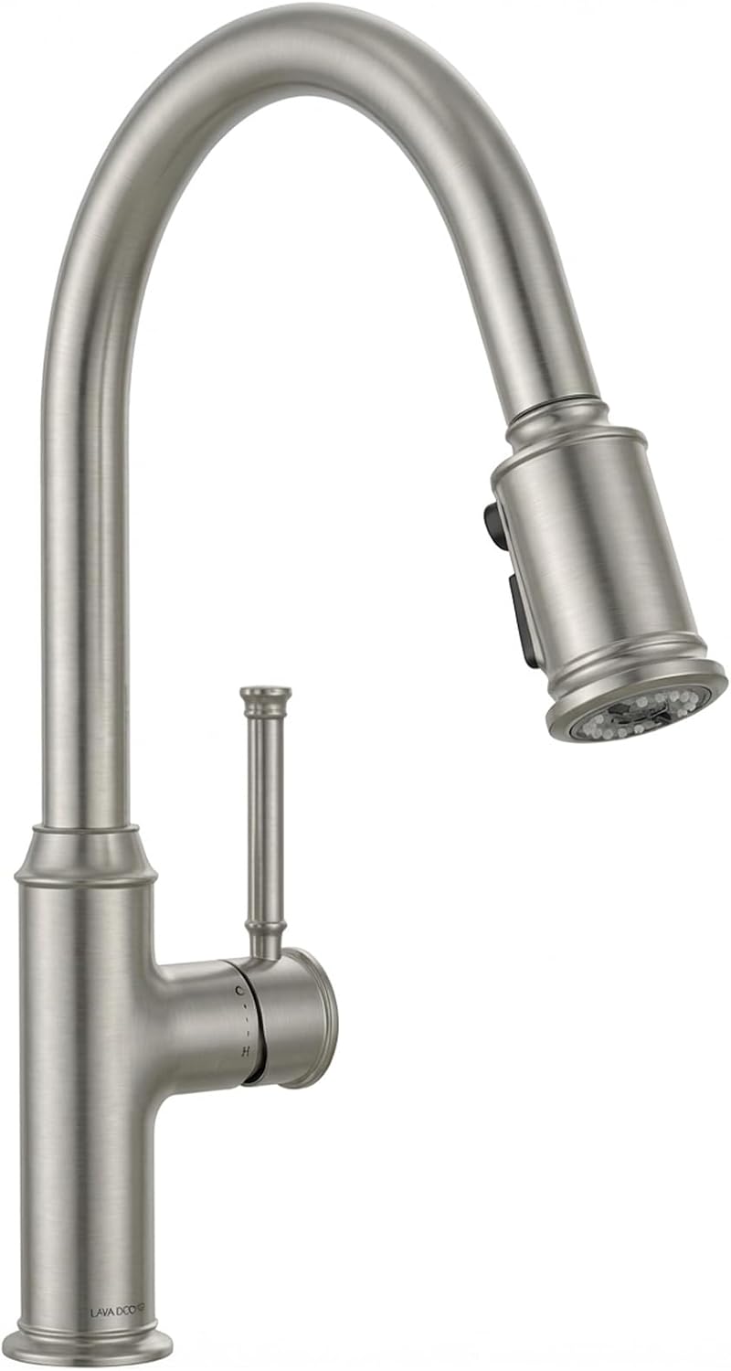 Lava Odoro Curtura Brushed Nickel Kitchen Faucet with Pull Down Sprayer, Brass Kitchen Sink Faucet Single Handle Pull-Down Kitchen Faucet for Sink 1 Hole and 3 Hole, Deck Plate Included, KF421-BN