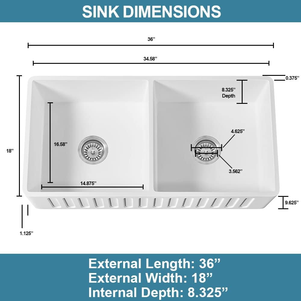 Westbrass BK236WH-2662 36' Double Bowl Reversible Apron Front Solid Surface Kitchen Sink with 4 in 1 Function Faucet, Dual Water Filters, Drain Baskets and Soap Dispenser, Polished Chrome/Matte Black