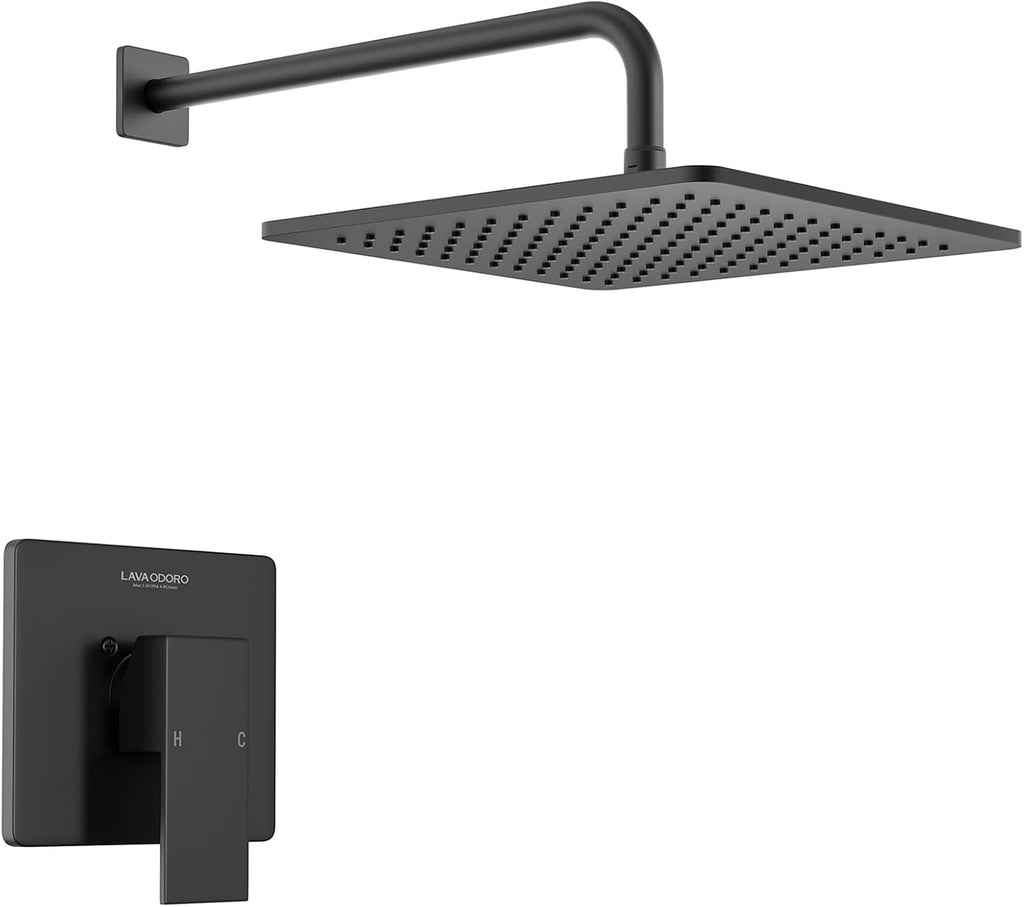 Lava Odoro 12-inch Modern Square Shower Faucet Set Matte Black, Shower Trim Kit with Rough-in Valve High Pressure Black Rainfall Shower Head and Handle Set, (Valve Included), SF106-MB