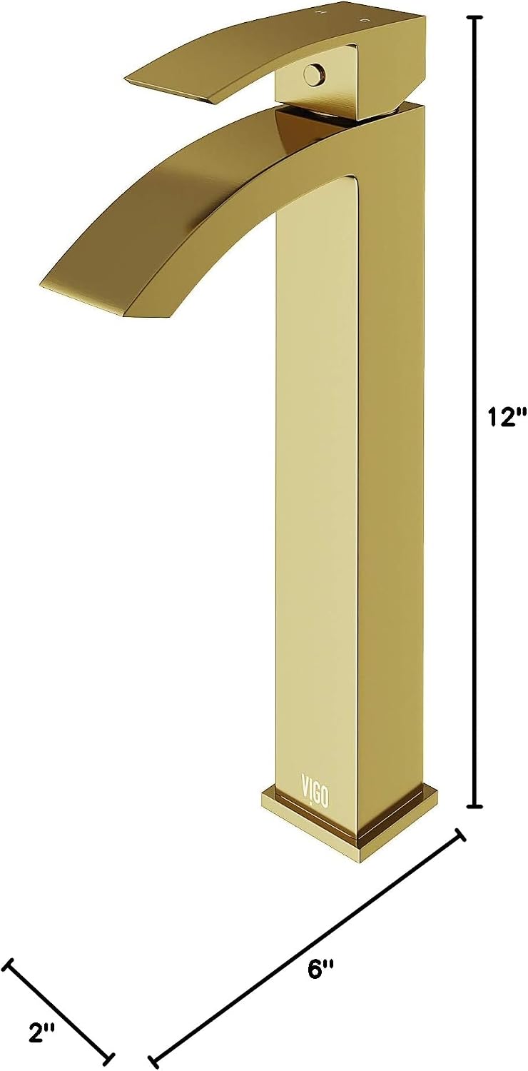VIGO Duris Waterfall Single-Handle Single-Hole Mount Vessel Bathroom Sink Faucet, 12-Inch, Matte Brushed Gold, Modern Design, Solid Brass, 1.2 GPM WaterSense & Ceramic Disc Valve, Corrosion-Resistant