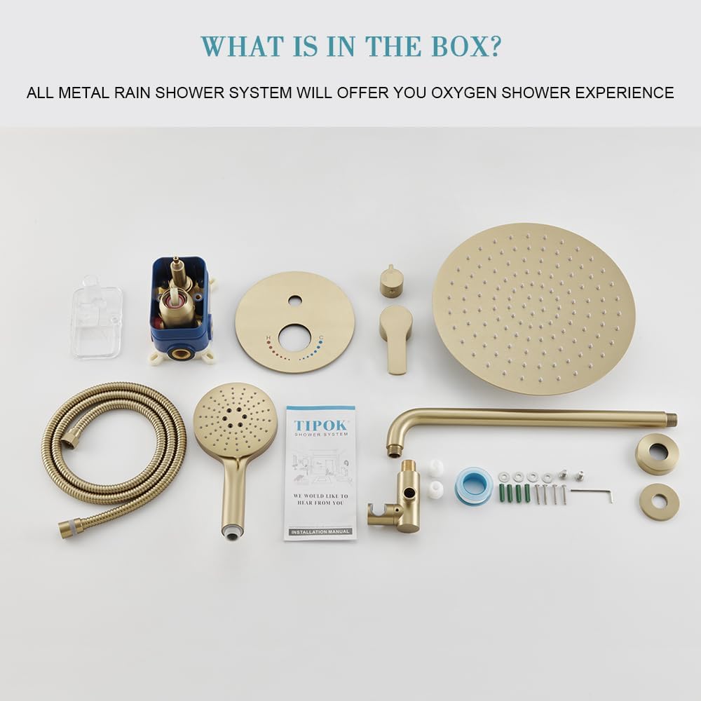 Brushed Gold Shower System with Rain Shower and Handheld, High Pressure 10 Inch Gold Shower Faucets Sets Complete with Brass Shower Valve and Trim Kit
