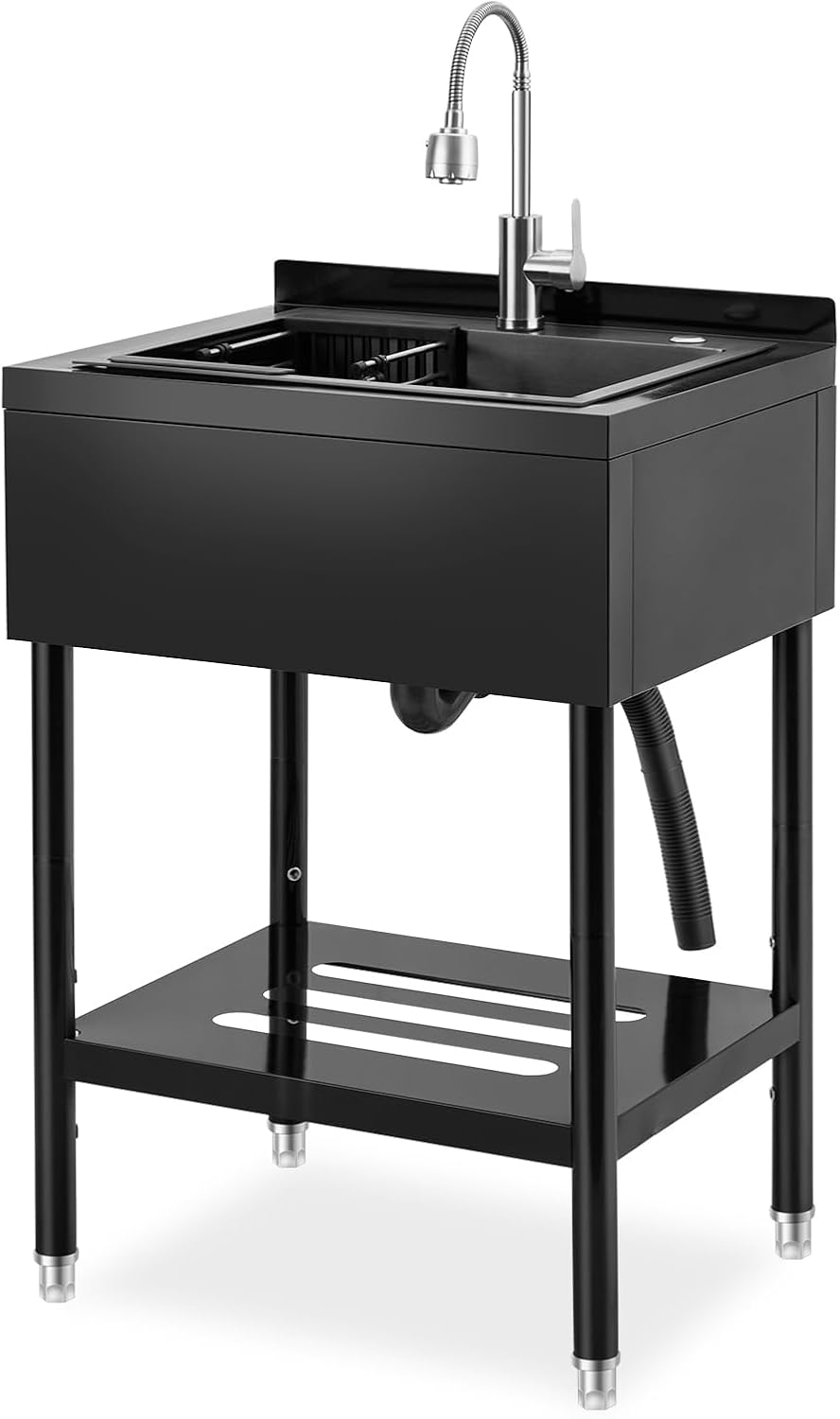 Garvee Stainless Steel Utility Sink with Faucet & Storage Shelf, 304 Single Bowl Freestanding Sink with Adjustable Legs, S-Hooks, Hot & Cold Water Pipes for Kitchen, Laundry, Garage, Farm, Outdoor Use
