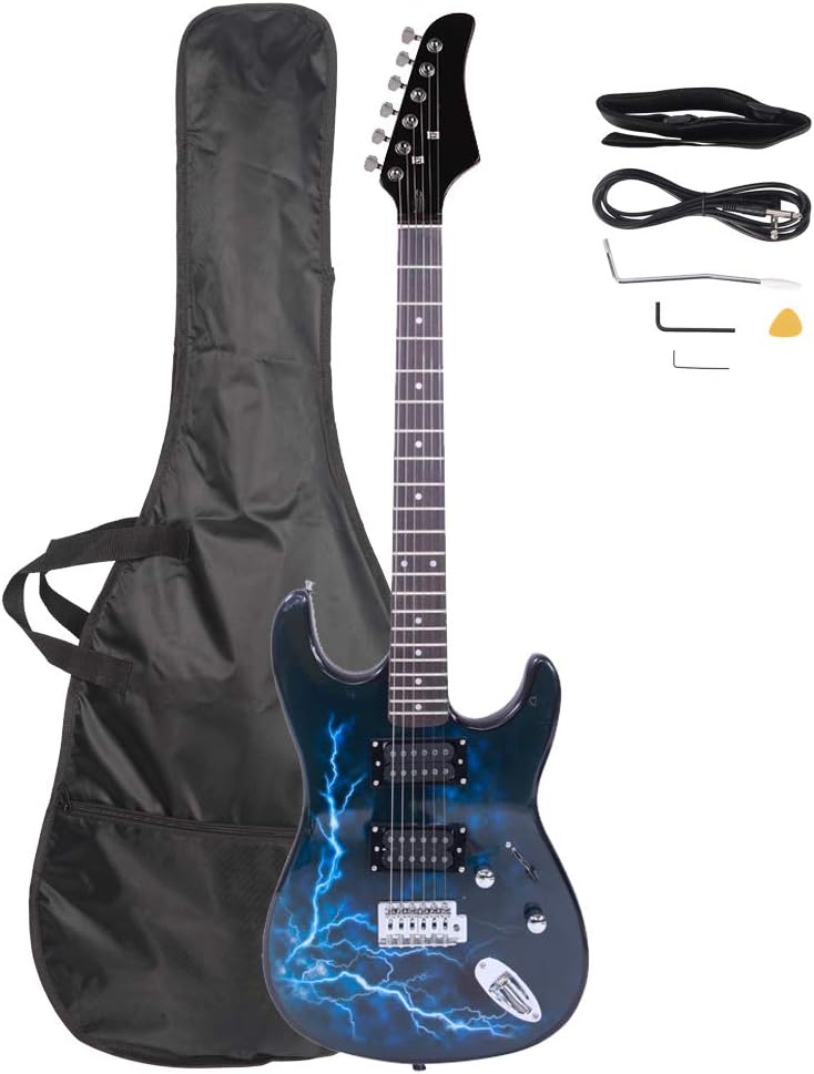 Full Size Electric Guitar Kit,39 Inch Beginner Electric Guitar,Complete Electric Guitars Set with Bag, Shoulder Strap, Power Wire, Wrench Tool,Tremolo Arm and Picks,Black and Dark Blue