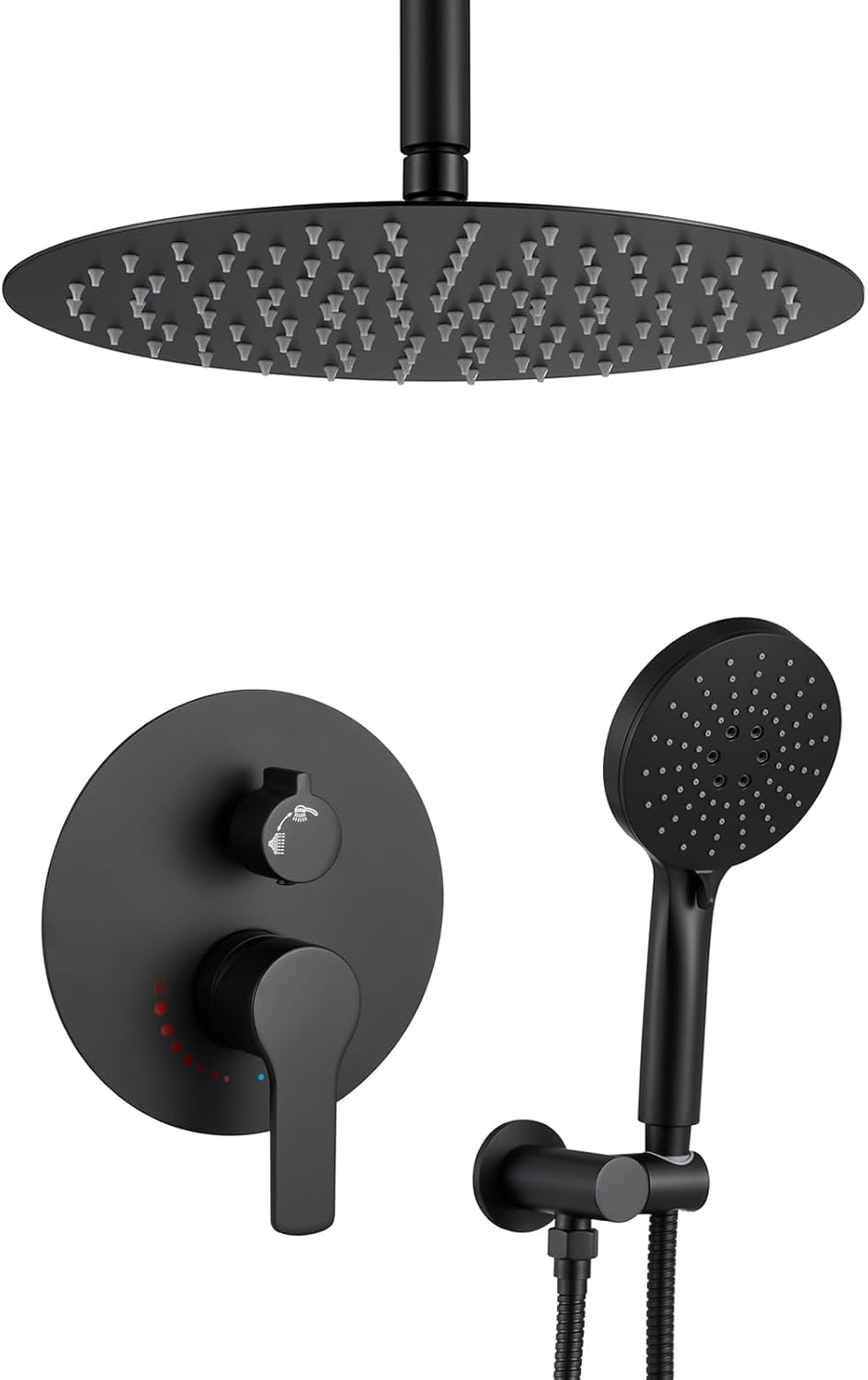 Matte Black Shower System With 12 Inches Rainfall Head and Handheld Set, High Pressure Faucet With Brass Valve for Bathroom Ceiling Mounted Fixture