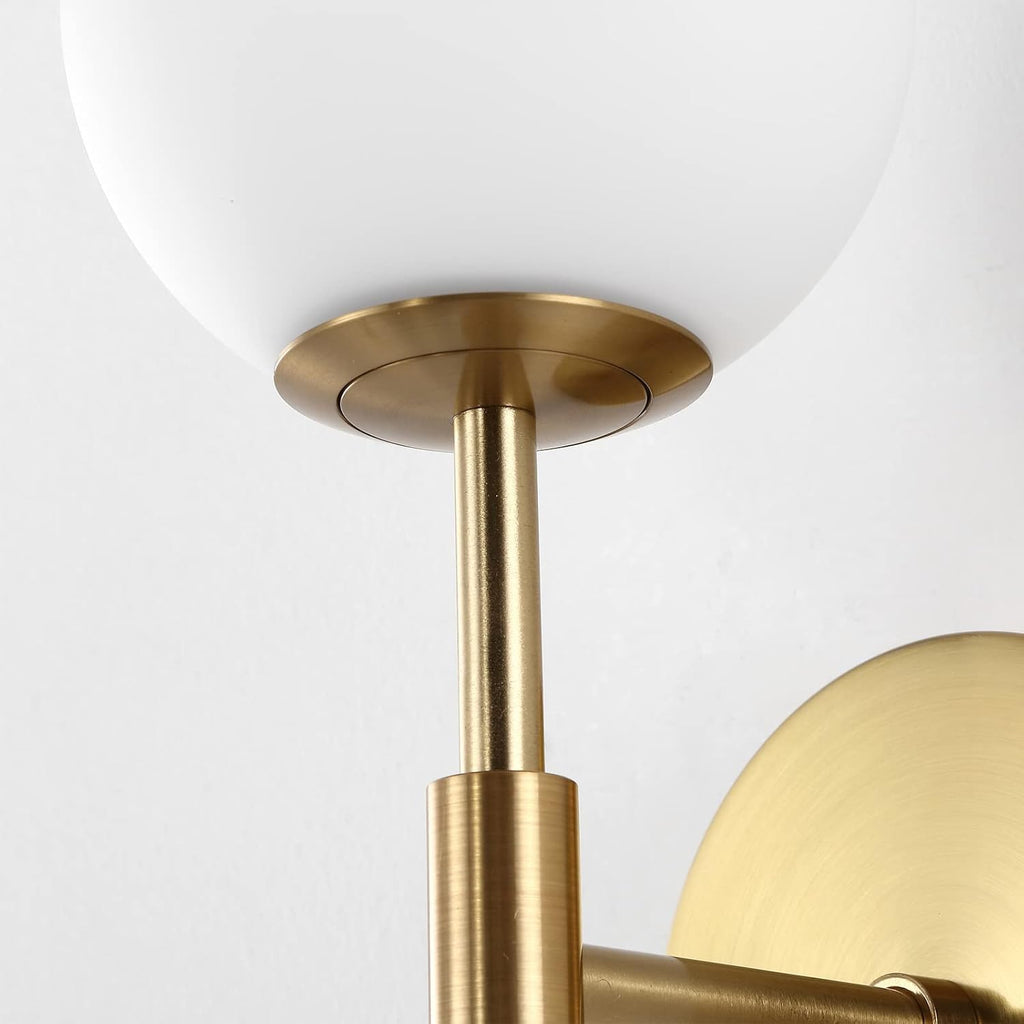 BYOLIIMA Gold Wall Sconce Set of 2 with White Globe Glass Shades Modern Mid Century Bathroom Vanity Wall Light Fixtures Industrial Brushed Brass Wall Lamp for Bedroom Mirror Living Room Restaurant