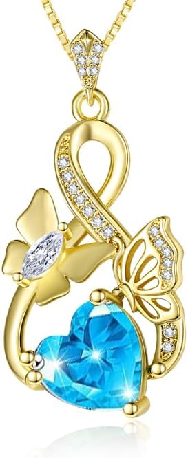 Gold Jewelry for Women Wife Infinity Necklace 18K White Gold Plated Dainty Butterfly Pendant with Heart Birthstone - Anniversary Necklaces for Women Birthday Gift Ideas Present for Girlfriend Mom Daughter