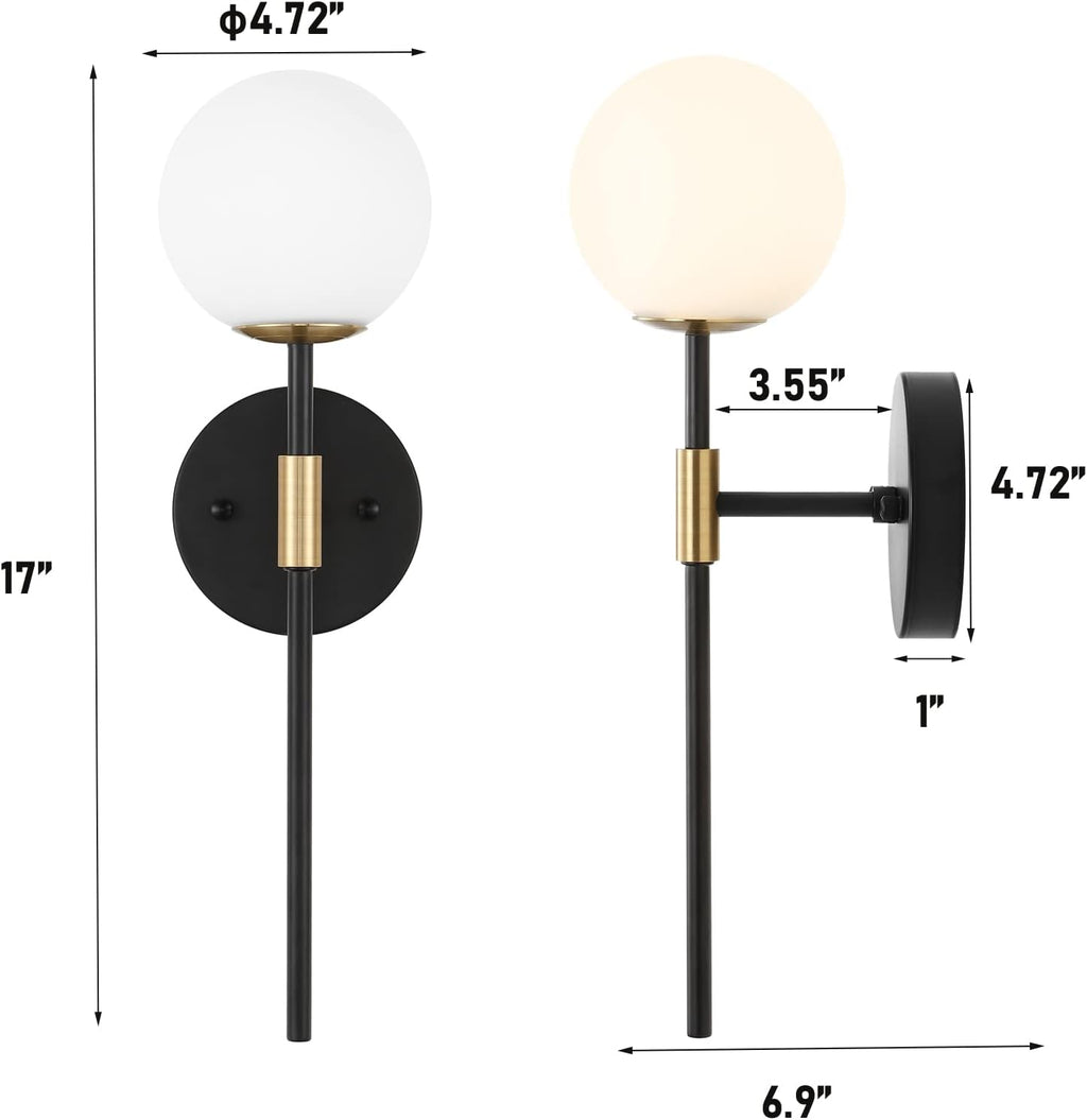 BYOLIIMA Industrial Mid Century Wall Sconce Set of 2 with White Globe Glass Shades Modern Bathroom Vanity Wall Lamp Black and Gold Finished Wall Light Fixture
