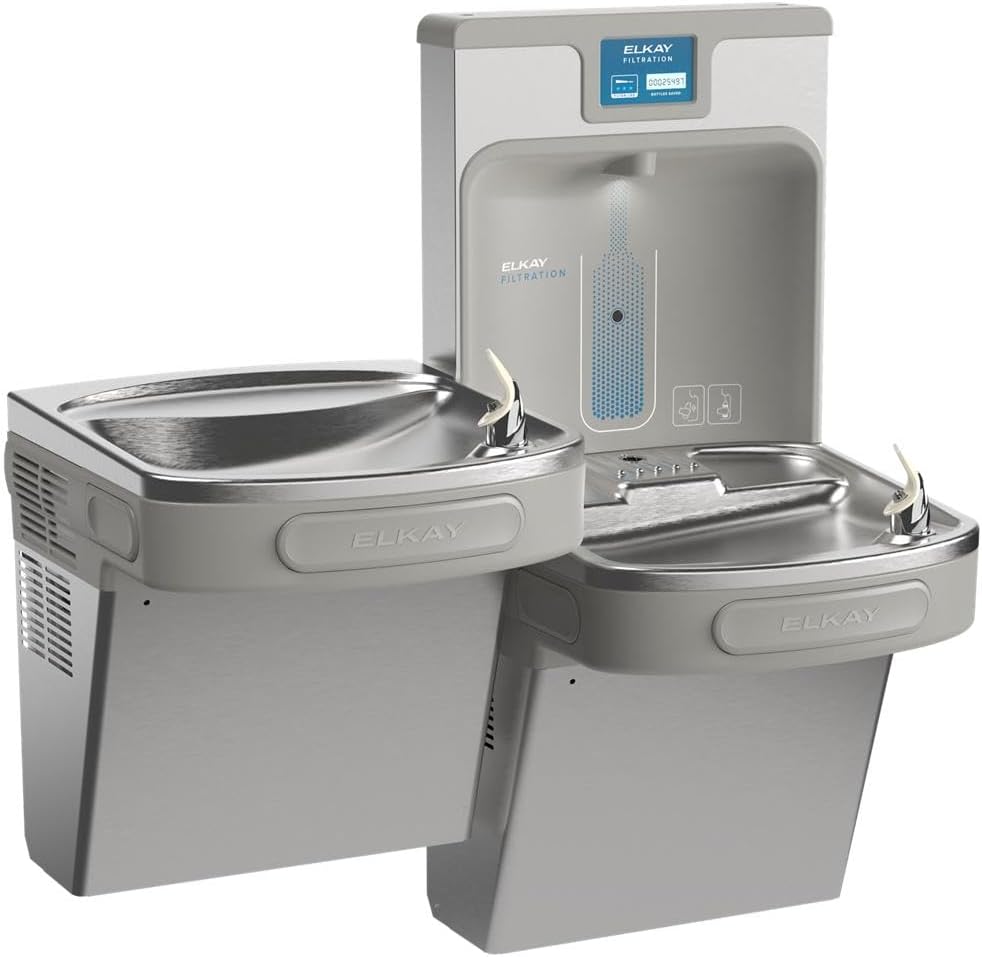 Elkay LZSTL8WSSP-W1 Enhanced Filtered Connected Bottle Filler & Bi-Level ADA Cooler Refrigerated Stainless Lead Reducing Drop Down Wrapper