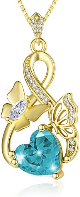 Gold Jewelry for Women Wife Infinity Necklace 18K White Gold Plated Dainty Butterfly Pendant with Heart Birthstone - Anniversary Necklaces for Women Birthday Gift Ideas Present for Girlfriend Mom Daughter
