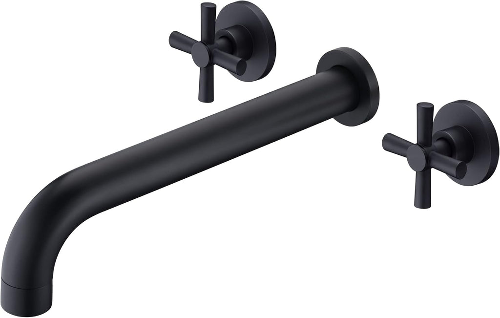SUMERAIN Wall Mount Tub Filler Matte Black Bathtub Faucet High Flow Two Cross Handles with Rough in Valve, Extra Long Spout