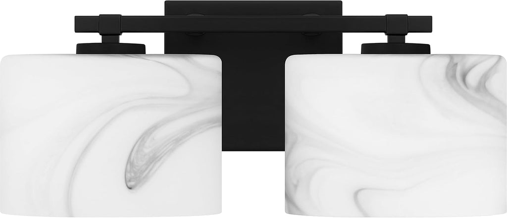 Quoizel Mather Bath Vanity Lights, 15 Inch 2-Light Lighting Fixtures Over Mirror, Matte Black with Marbled Glass Shade, 40W G9 Base Bulbs, Transitional Wall Mount Light for Bathrooms, Dresser or Sink
