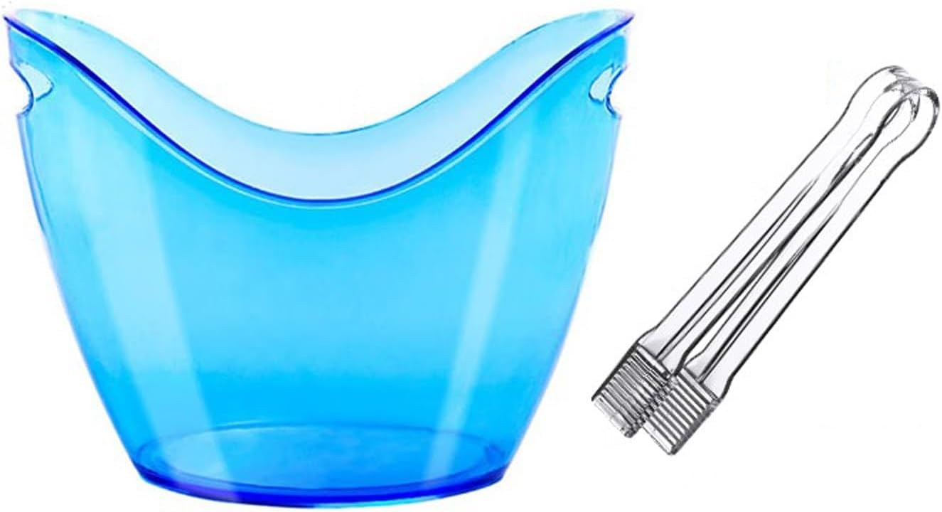 Keep Ice Frozen Longer 8 Liter Acrylic Ice Bucket with Tongs, Plastic Tub Oval Storage Buckets for 2 Wine or Champagne Bottles for parties(Blue)