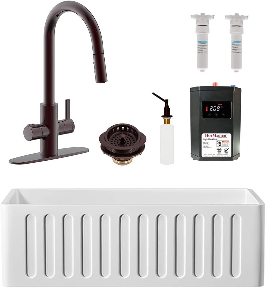 Westbrass BK13041-12 30' Single Bowl Reversible Apron Front Solid Surface Kitchen Sink with 4 in 1 Function Faucet, Dual Water Filters, Drain Basket and Soap Dispenser, Oil Rubbed Bronze