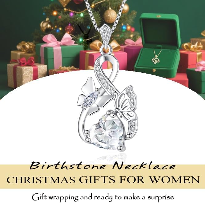 Gold Jewelry for Women Wife Infinity Necklace 18K White Gold Plated Dainty Butterfly Pendant with Heart Birthstone - Anniversary Necklaces for Women Birthday Gift Ideas Present for Girlfriend Mom Daughter