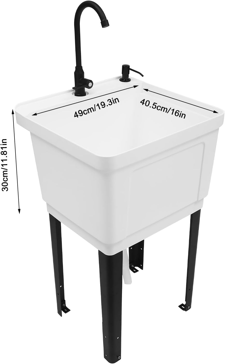 Freestanding Space Saver Utility Sink 19.68 * 19 * 33.07in kitchen Sink with Washboard Utility Sink with Cold and Hot Water Faucet, Hoses and Soap Dispenser for Laundry Room, Garage, Basement (White)