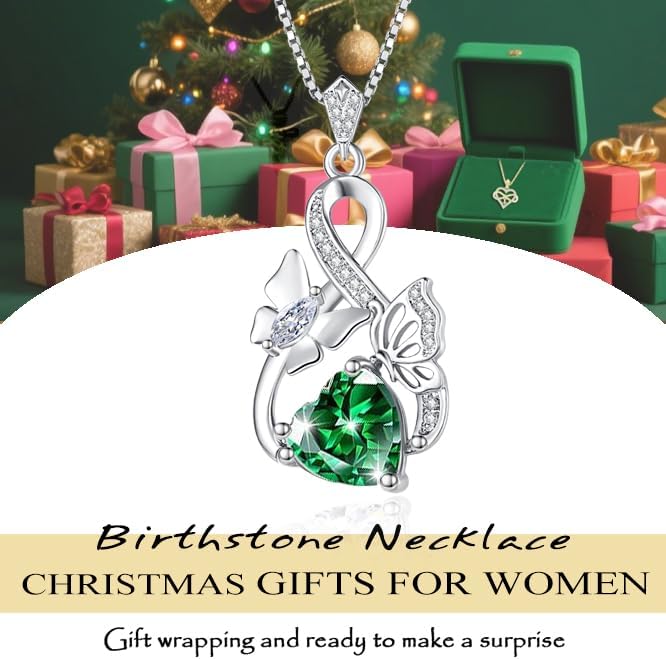 Gold Jewelry for Women Wife Infinity Necklace 18K White Gold Plated Dainty Butterfly Pendant with Heart Birthstone - Anniversary Necklaces for Women Birthday Gift Ideas Present for Girlfriend Mom Daughter
