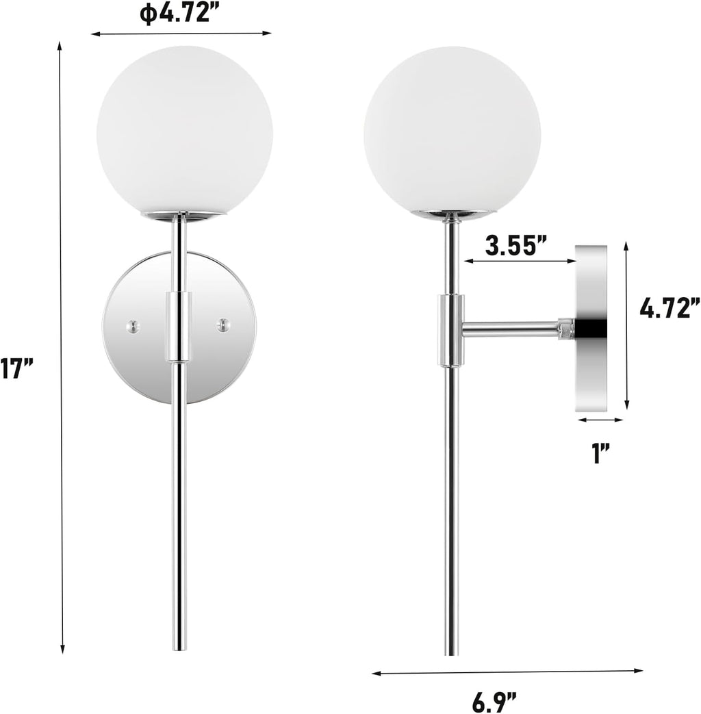 BYOLIIMA Modern Wall Sconce Set of 2 White Globe Glass Shades Mid Century Bathroom Vanity Wall Light Fixtures Industrial Wall Lamp for Bedroom Mirror Living Room Restaurant (Chrome Color)