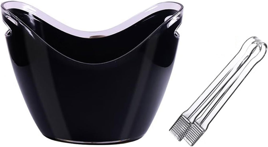 Keep Ice Frozen Longer 8 Liter Acrylic Ice Bucket with Tongs, Plastic Tub Oval Storage Buckets for 2 Wine or Champagne Bottles for parties(Black)