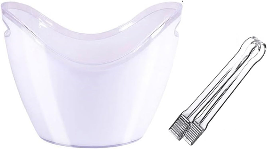 Keep Ice Frozen Longer 8 Liter Acrylic Ice Bucket with Tongs, Plastic Tub Oval Storage Buckets for 2 Wine or Champagne Bottles for parties(White)
