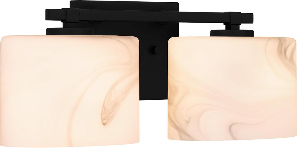 Quoizel Mather Bath Vanity Lights, 15 Inch 2-Light Lighting Fixtures Over Mirror, Matte Black with Marbled Glass Shade, 40W G9 Base Bulbs, Transitional Wall Mount Light for Bathrooms, Dresser or Sink