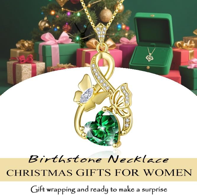 Gold Jewelry for Women Wife Infinity Necklace 18K White Gold Plated Dainty Butterfly Pendant with Heart Birthstone - Anniversary Necklaces for Women Birthday Gift Ideas Present for Girlfriend Mom Daughter