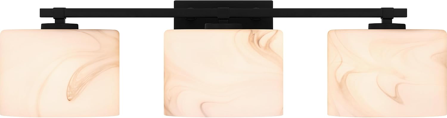 Quoizel Mather Bath Vanity Lights, 24 Inch 3-Light Lighting Fixtures Over Mirror, Matte Black with Marbled Glass Shade, 40W G9 Base Bulbs, Transitional Wall Mount Light for Bathrooms, Dresser or Sink