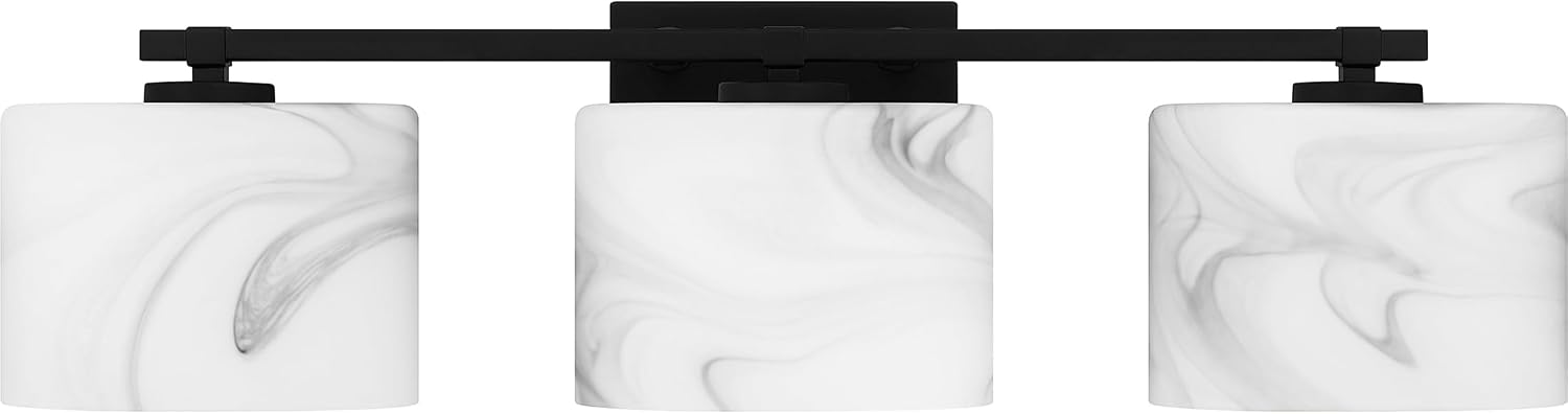 Quoizel Mather Bath Vanity Lights, 24 Inch 3-Light Lighting Fixtures Over Mirror, Matte Black with Marbled Glass Shade, 40W G9 Base Bulbs, Transitional Wall Mount Light for Bathrooms, Dresser or Sink