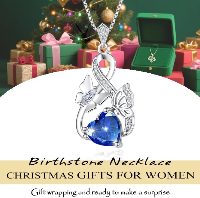 Gold Jewelry for Women Wife Infinity Necklace 18K White Gold Plated Dainty Butterfly Pendant with Heart Birthstone - Anniversary Necklaces for Women Birthday Gift Ideas Present for Girlfriend Mom Daughter