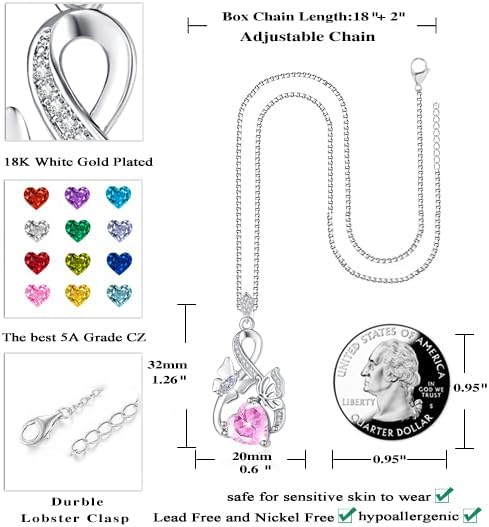 Gold Jewelry for Women Wife Infinity Necklace 18K White Gold Plated Dainty Butterfly Pendant with Heart Birthstone - Anniversary Necklaces for Women Birthday Gift Ideas Present for Girlfriend Mom Daughter