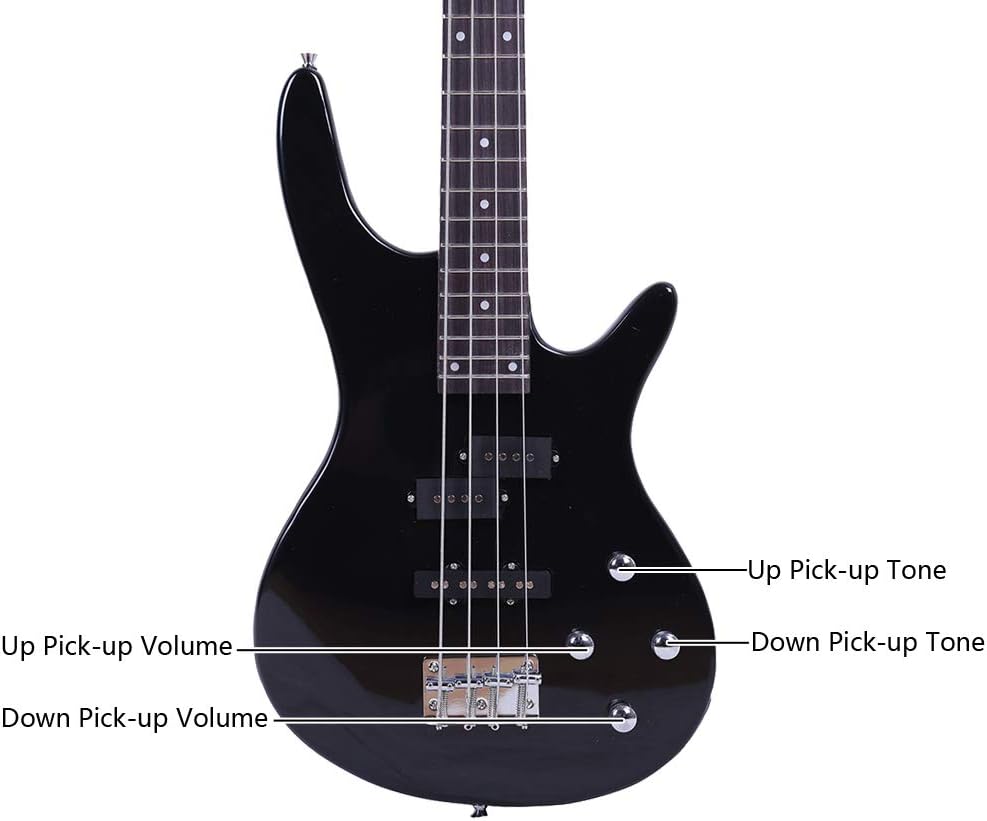 GLARRY Electric Bass Guitar Full Size 4 String Exquisite Stylish Bass with Power Line and Wrench Tool (Black)